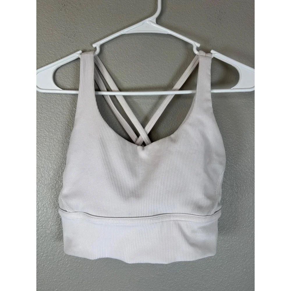 Lululemon Energy Bra Longline Ribbed Pink White Strappy Back Size 10 Medium